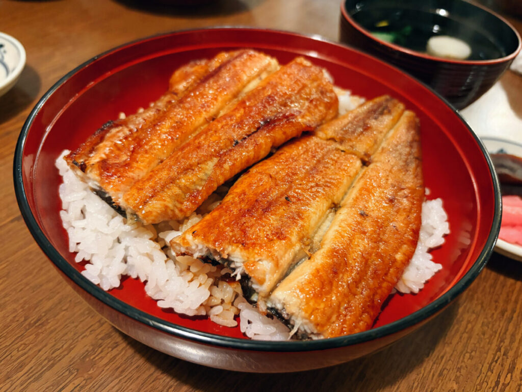 魚伊のうな重（特上）タレが絡んだうなぎのアップ
